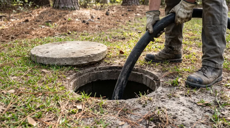 Septic technician feeding a vacuum hose into an open green tank lid in a backyard